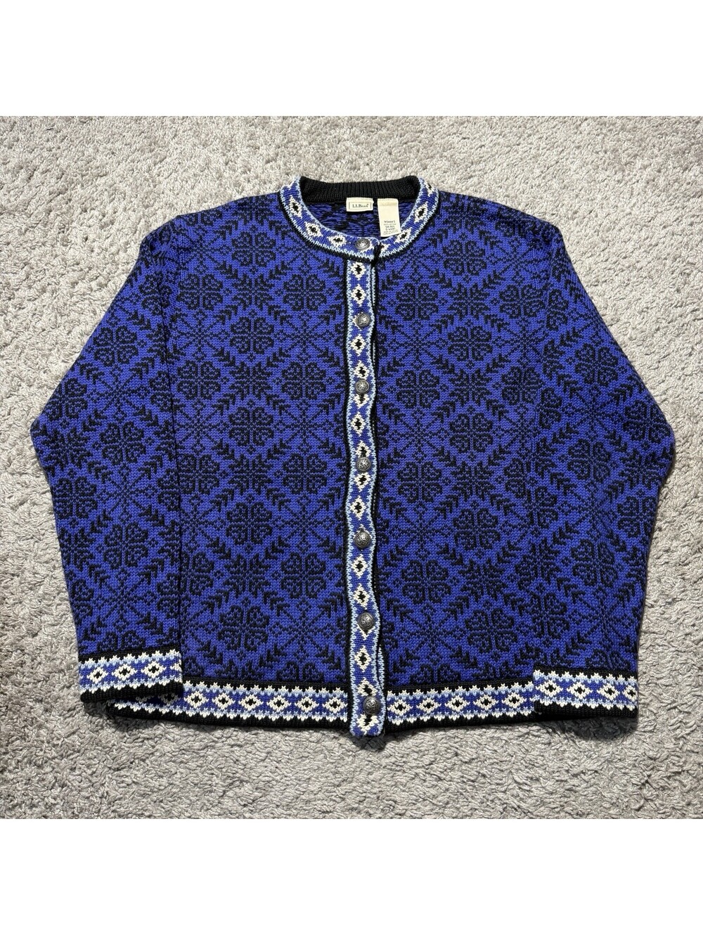 Vintage LL Bean Button Cardigan Sweater Womens Purple Fair Isle Merino Wool Sz S